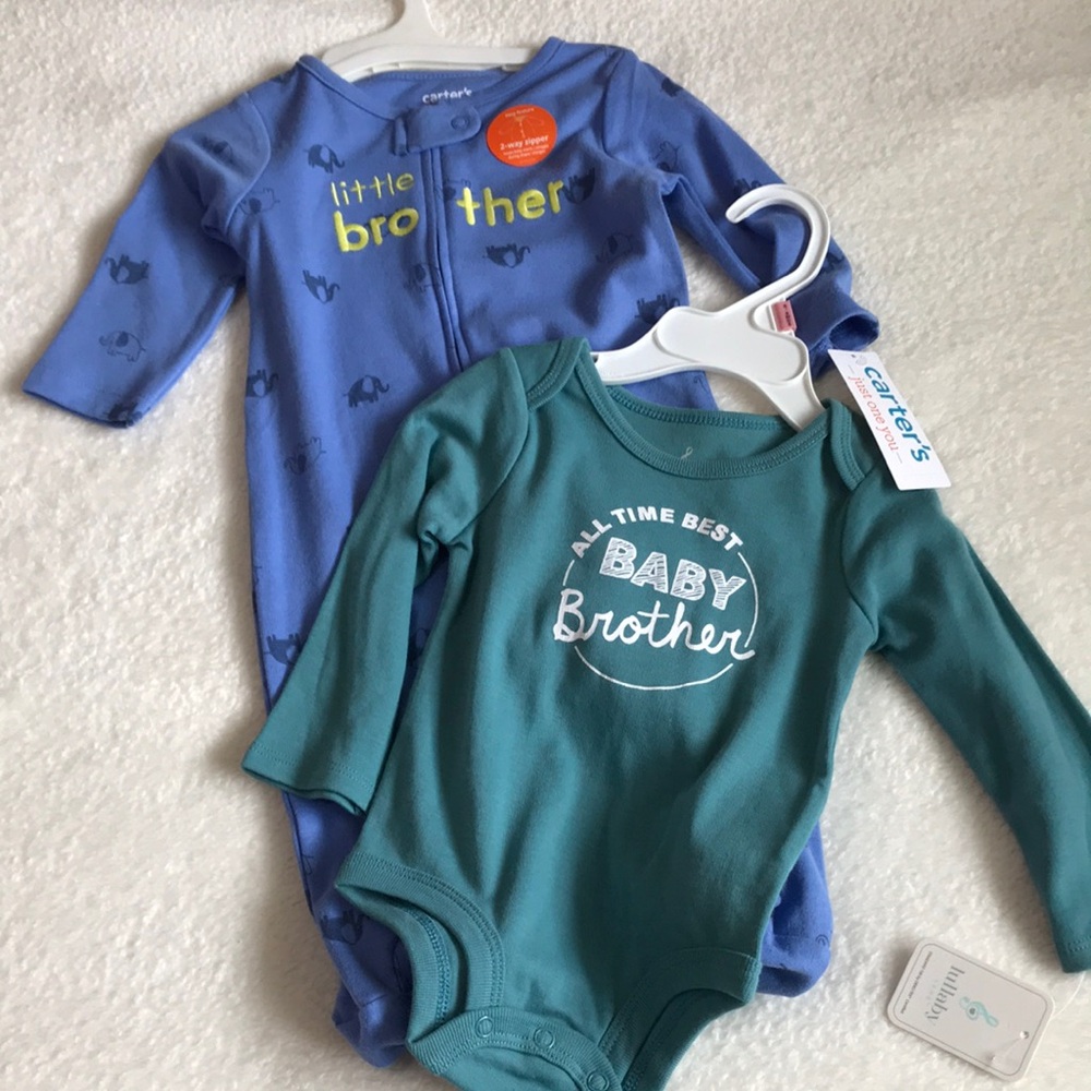 2 piece. 6-9 mo.Carter's and Lullaby Baby Brother One Piece Set - Blue, Green